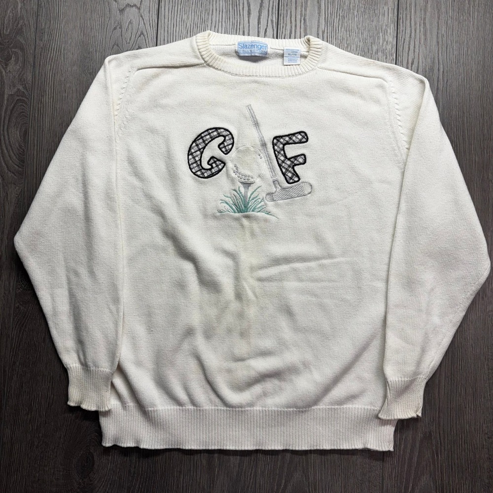 Vintage Slazenger Golf Sweater Mens XL Fits Medium Cream White Cotton Knit Crew
